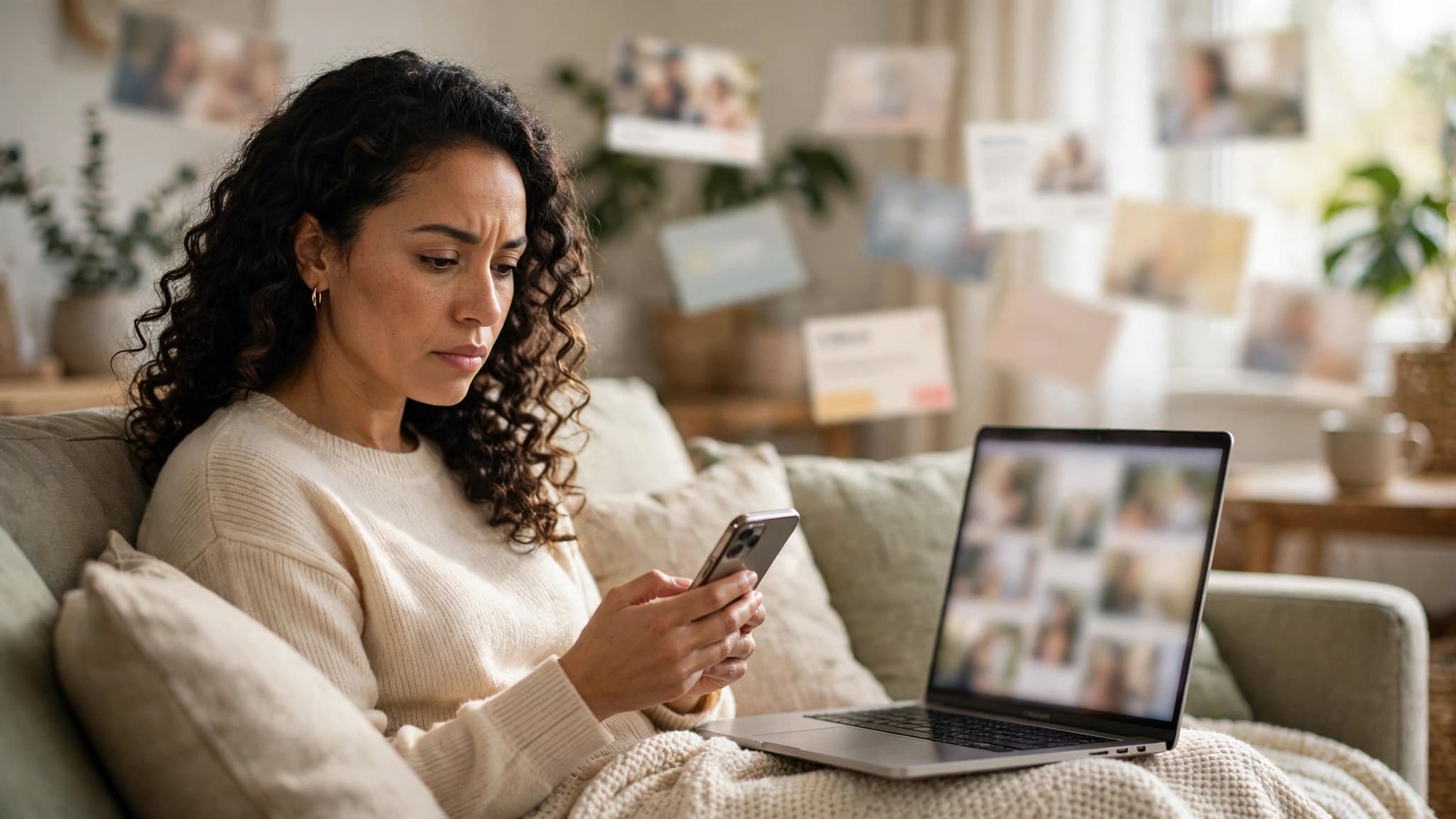 Mujer latina en el sofá de su casa mirando su celular con gesto pensativo junto a una laptop con una galería de fotos familiares difuminada