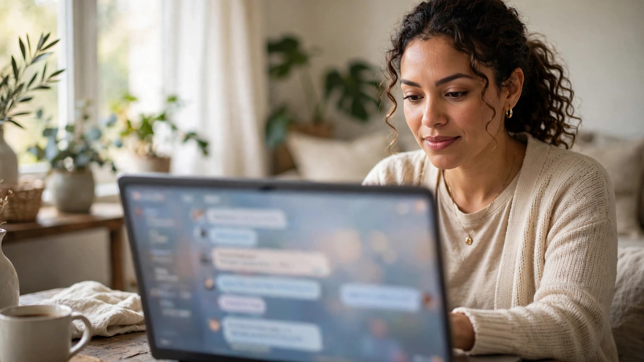 Persona latina usando un asistente de IA en su laptop en casa, con la interfaz de chat difuminada en la pantalla