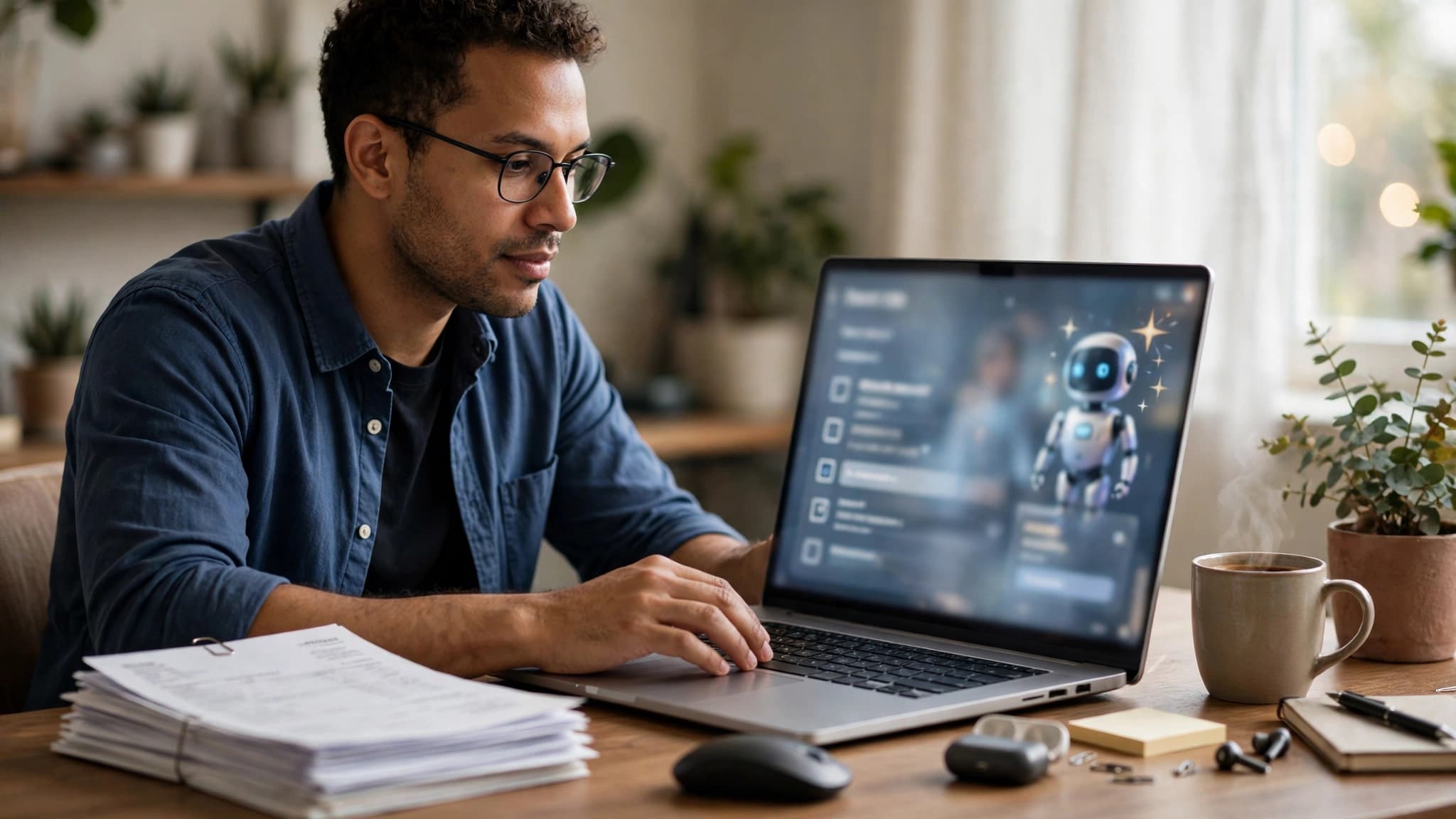 Profesional latino en su escritorio casero mientras un asistente de inteligencia artificial trabaja en la pantalla difuminada de su computadora, con facturas ordenadas junto al teclado