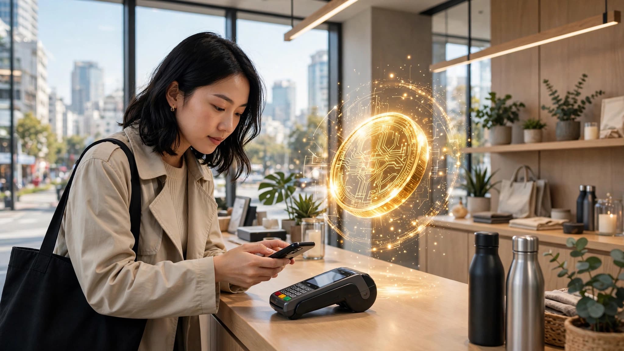 Clienta pagando con su celular junto a una terminal de pago genérica en una tienda moderna, con una moneda digital dorada luminosa flotando sobre el mostrador