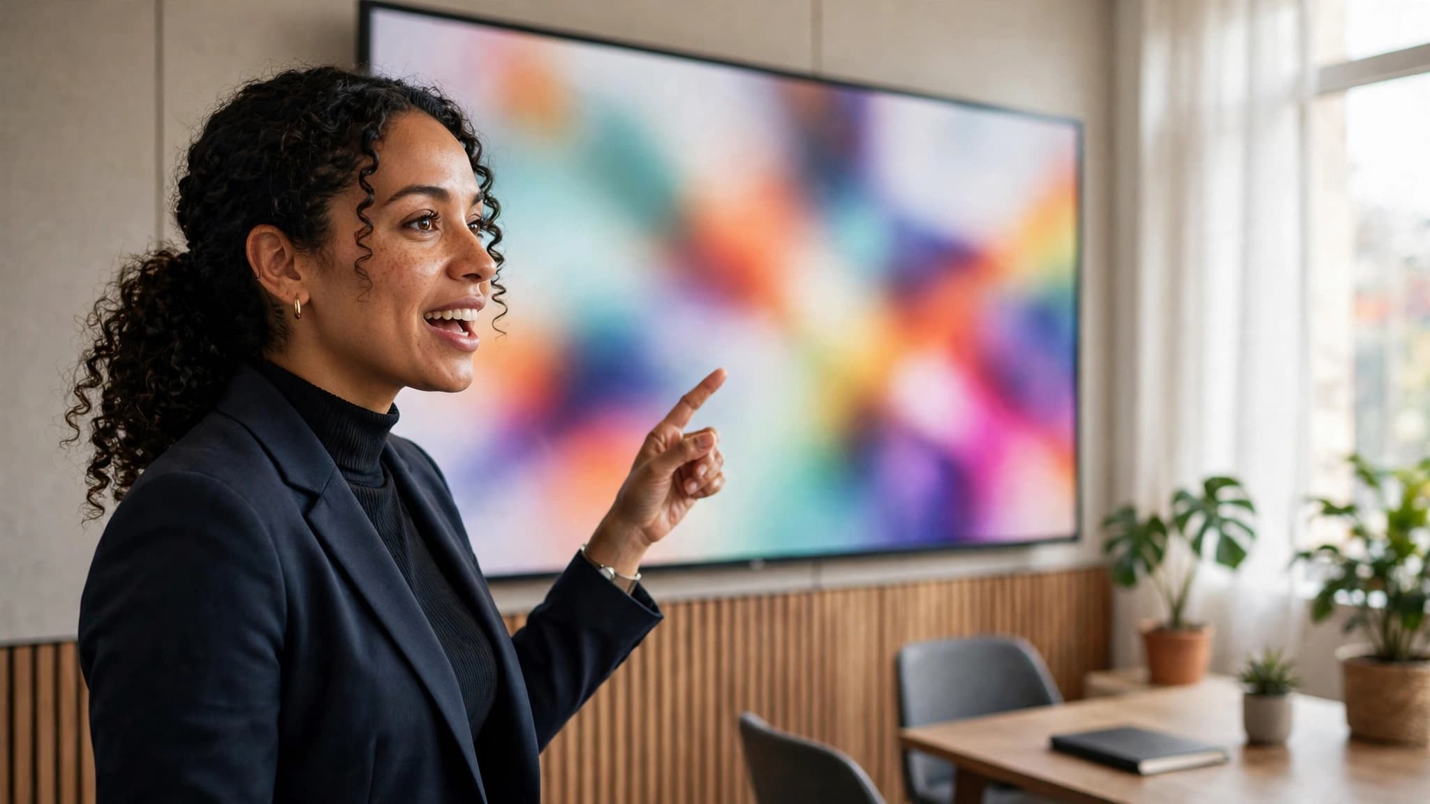 Profesional latina presentando diapositivas coloridas creadas con inteligencia artificial en una sala de reuniones moderna