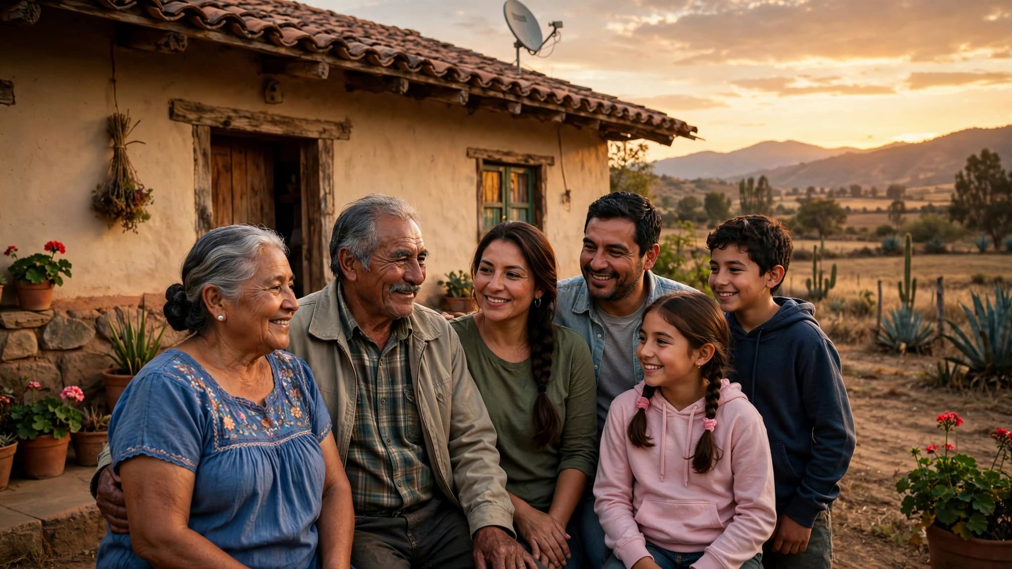 Familia latina en una casa rural con una pequeña antena satelital en el techo, atardecer cálido