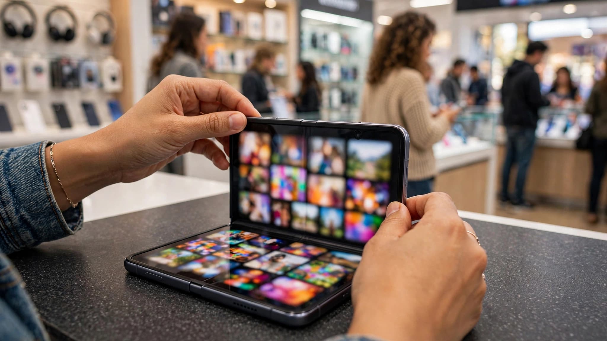 Manos abriendo un teléfono plegable genérico con una galería de fotos difuminada en el mostrador de una tienda de electrónica luminosa