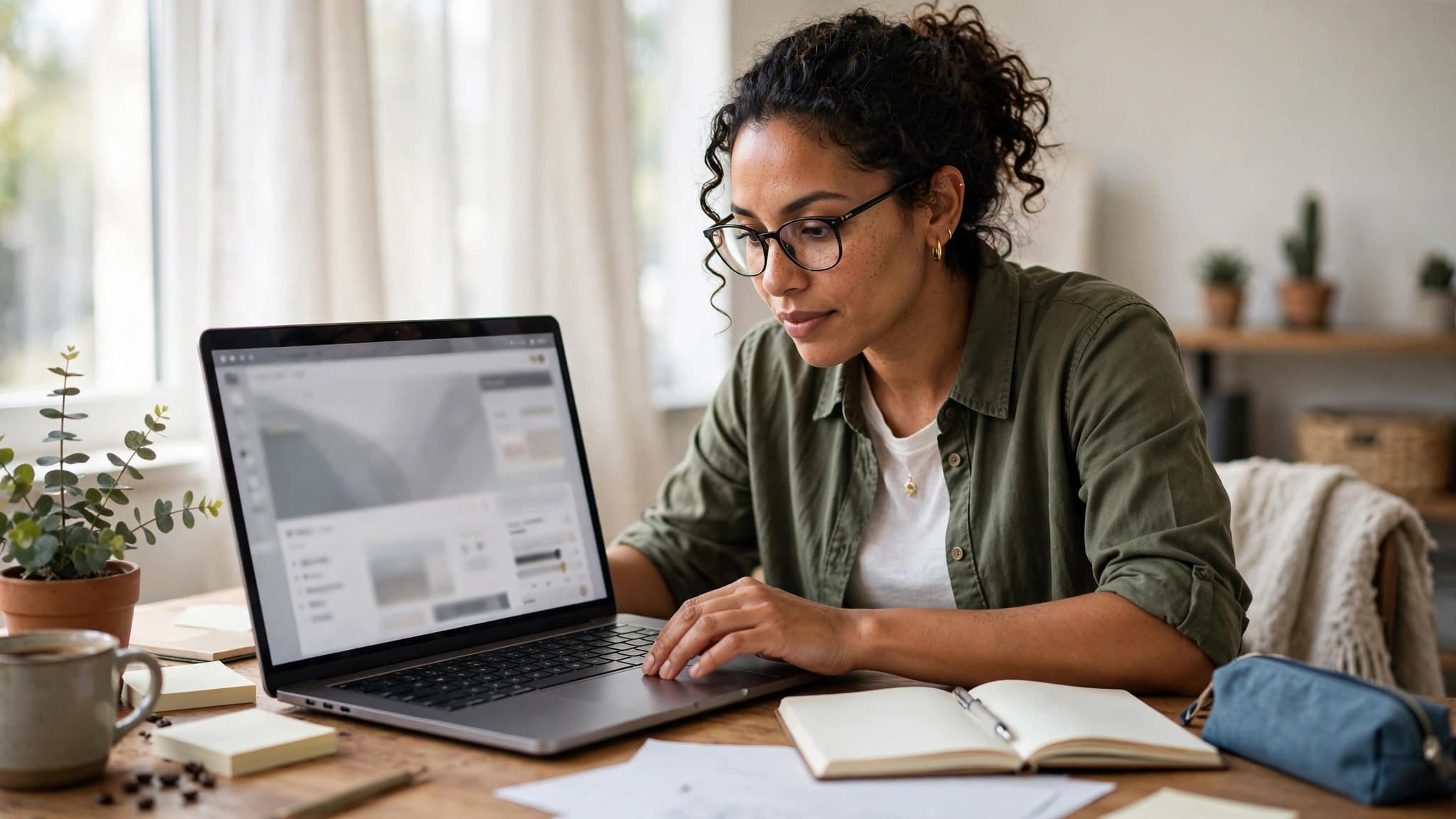 Trabajadora latina aprendiendo una herramienta nueva en su computadora durante su jornada, con luz natural