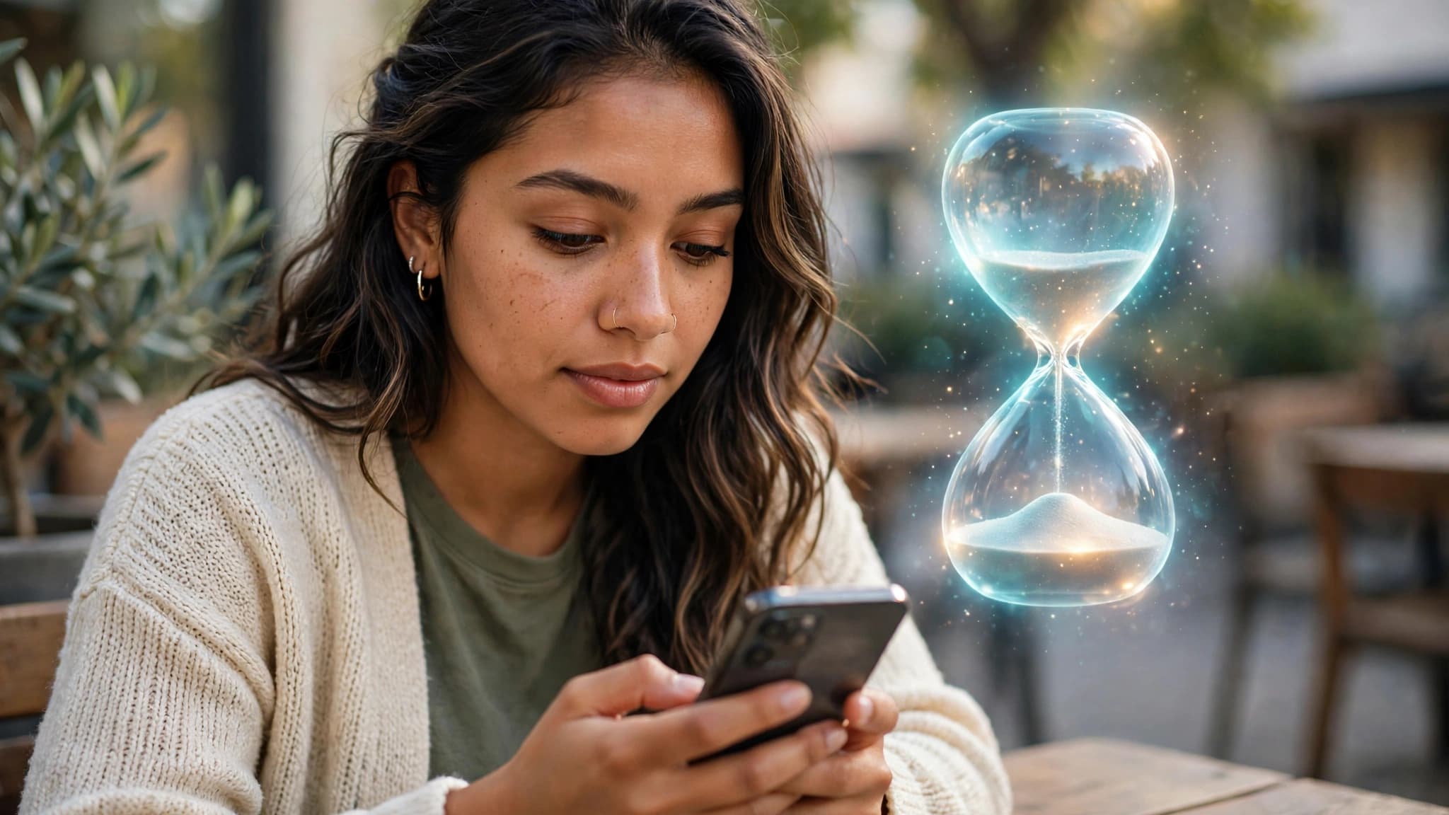 Joven latina revisando un chat temporal en su celular junto a un reloj de arena luminoso que sugiere mensajes que desaparecen solos con el tiempo