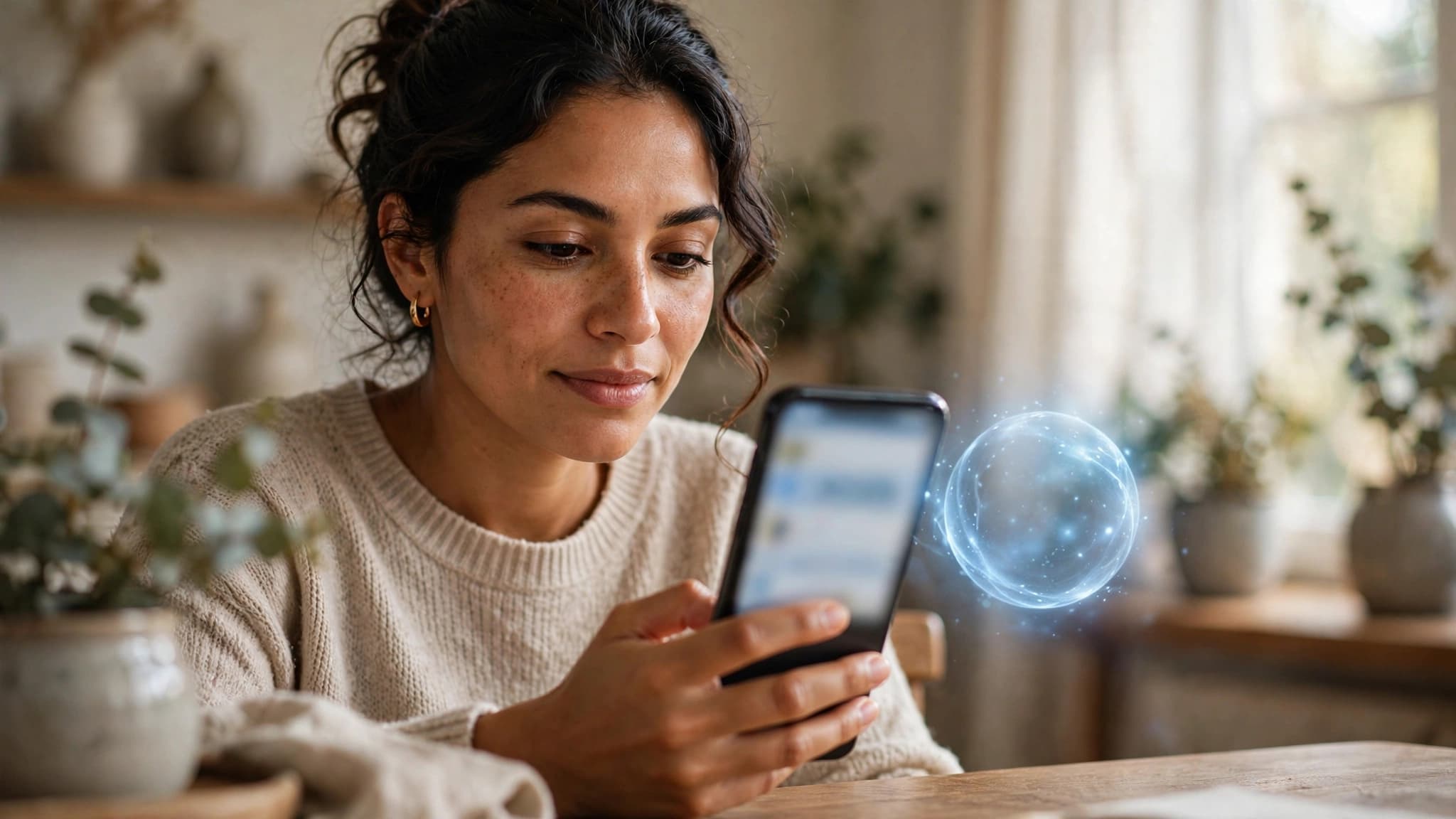 Mujer latina usando WhatsApp en su celular junto al círculo azul luminoso de Meta AI, el asistente de inteligencia artificial