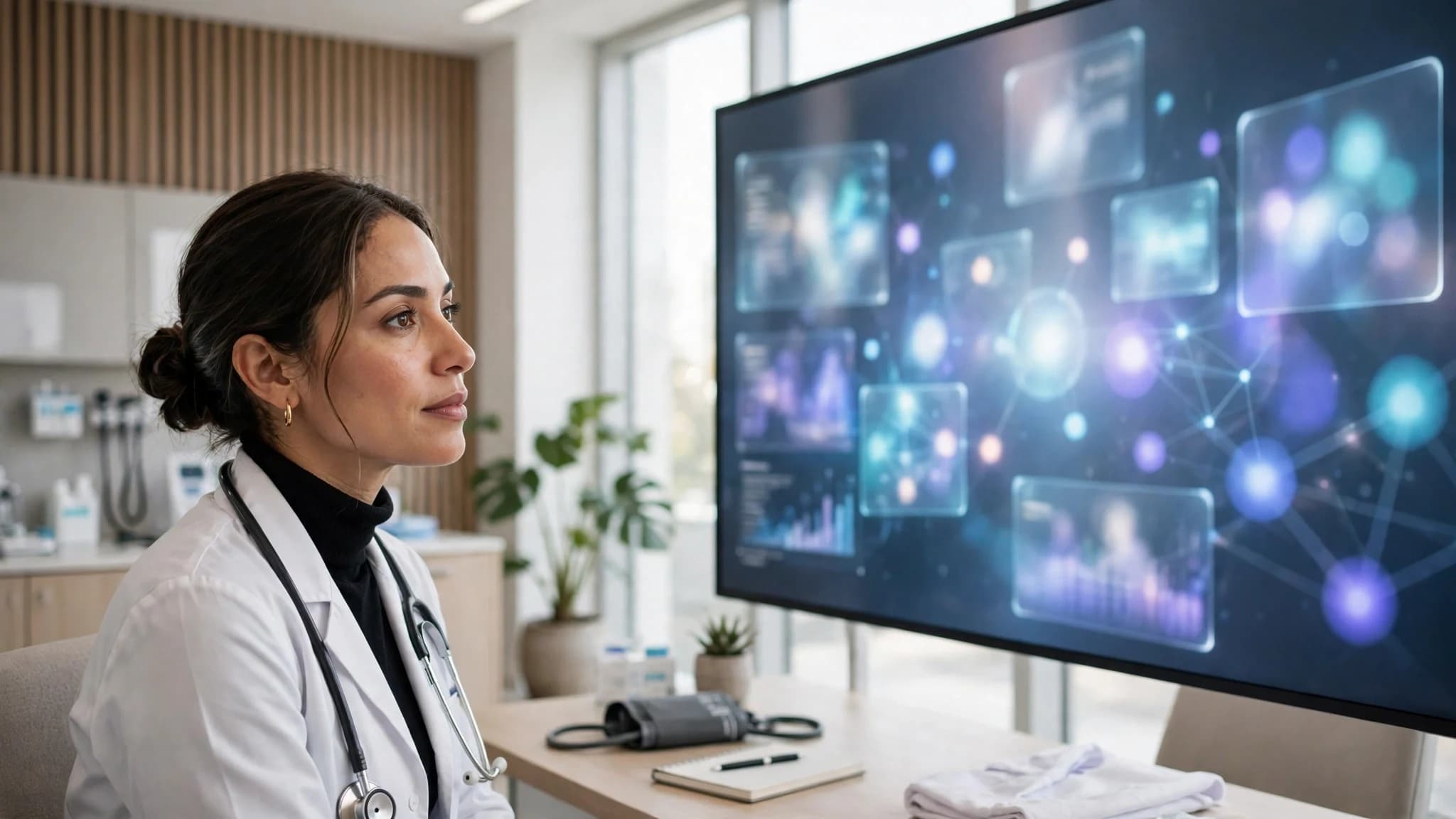 Doctora latina mirando una pantalla grande con un panel de asistentes de inteligencia artificial analizando un caso médico en una consulta moderna