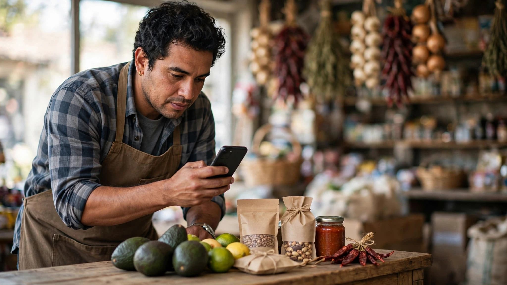 Dueño latino de una tiendita fotografiando productos en el mostrador para su tienda en línea, con estantes difuminados detrás