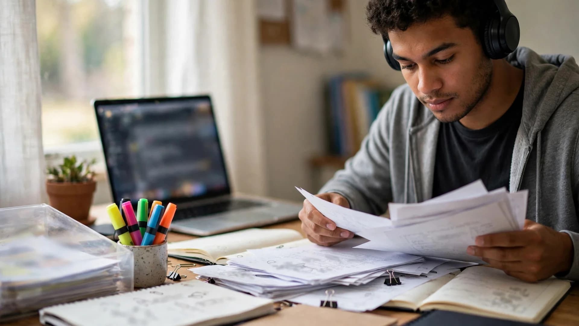 Estudiante latino en su escritorio con audífonos subiendo documentos a una laptop, con apuntes y resaltadores al lado