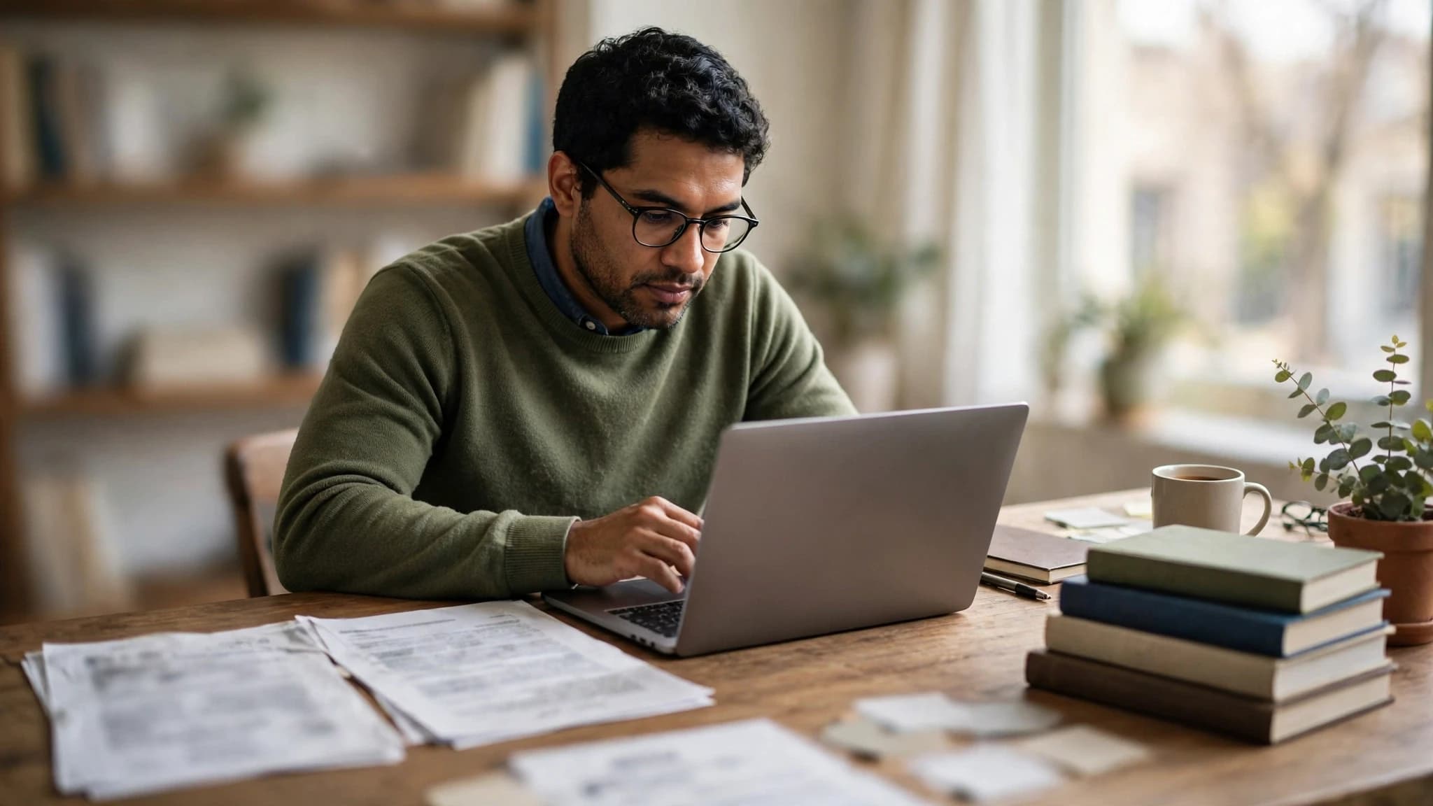 Traductor latino revisando dos versiones de un documento en su laptop, con libros de referencia al lado en su escritorio