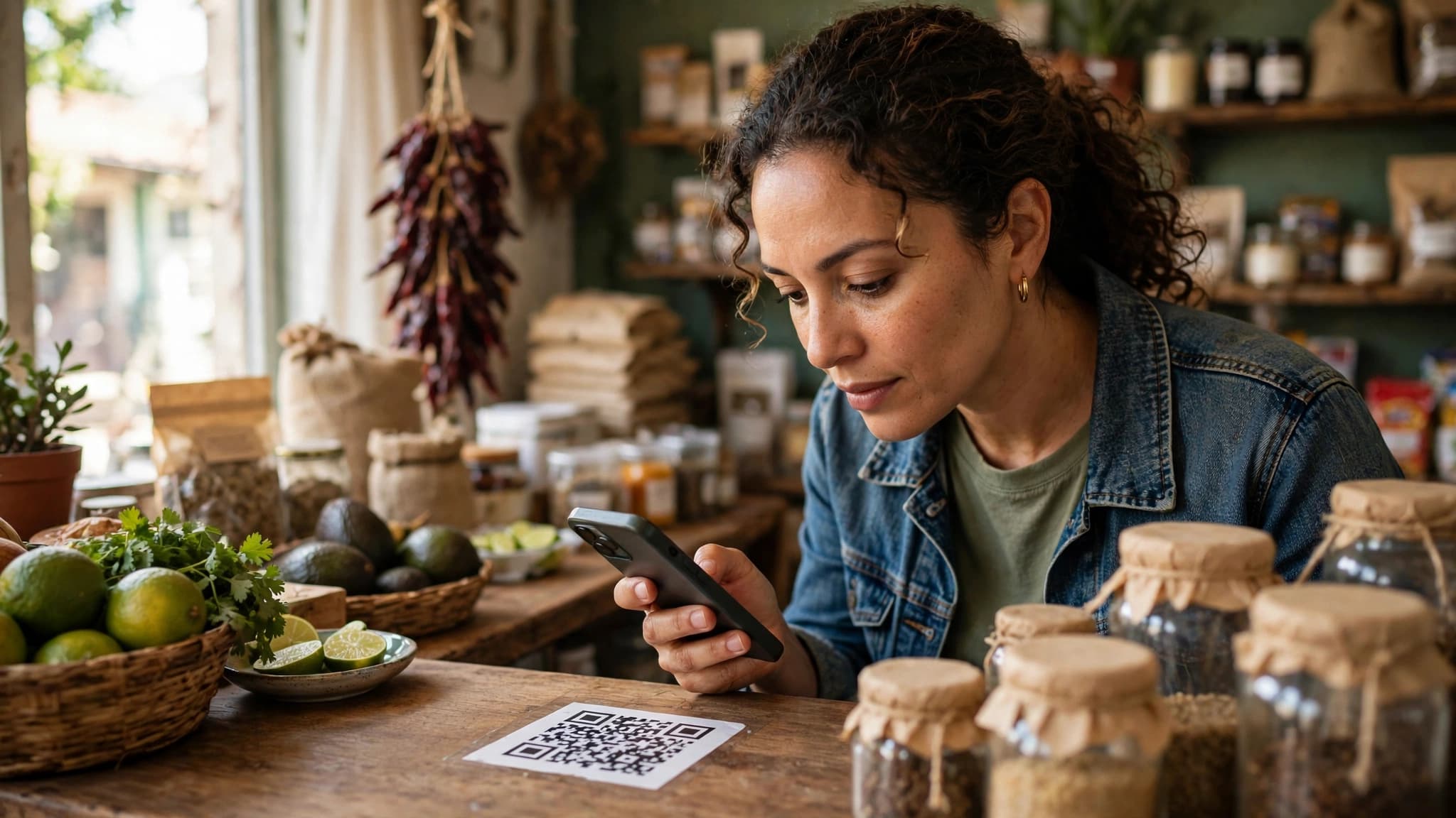 Clienta latina escaneando con su celular un código QR impreso colocado en el mostrador de una tienda pequeña