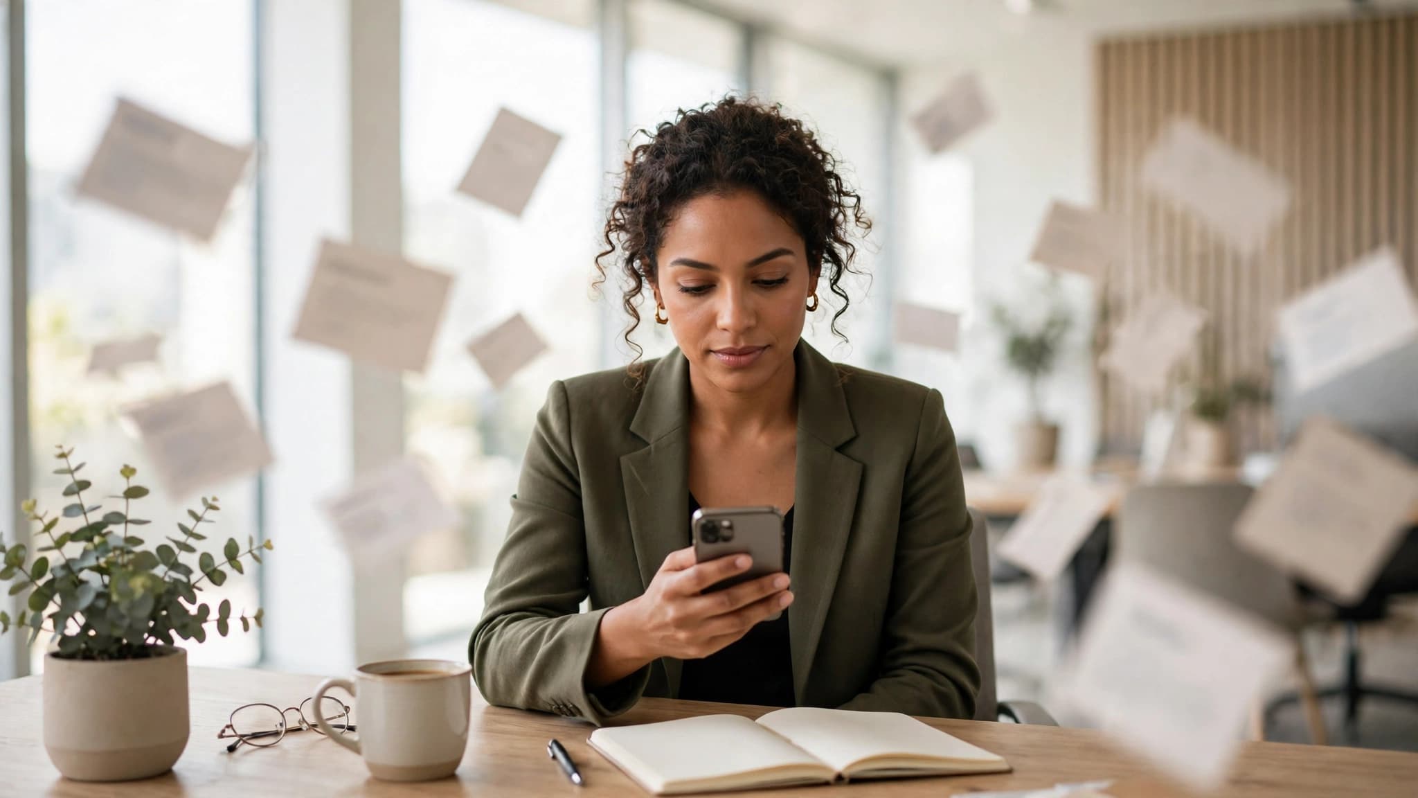 Profesional latina consultando su celular en una oficina luminosa, con tarjetas de respuesta difuminadas flotando a su alrededor