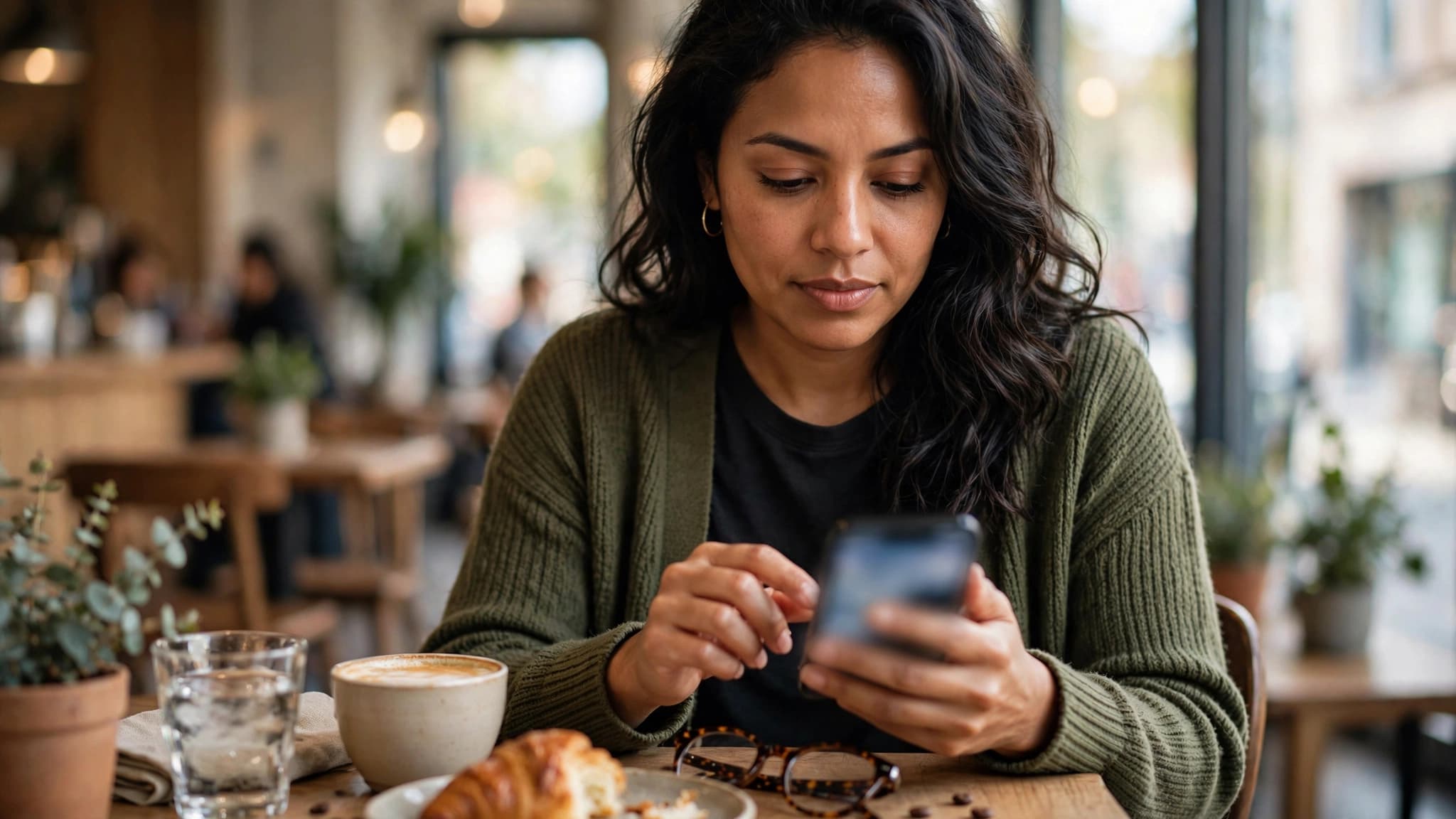 Mujer latina ajustando con calma las opciones de privacidad de su celular en un café, con la pantalla del teléfono difuminada a propósito