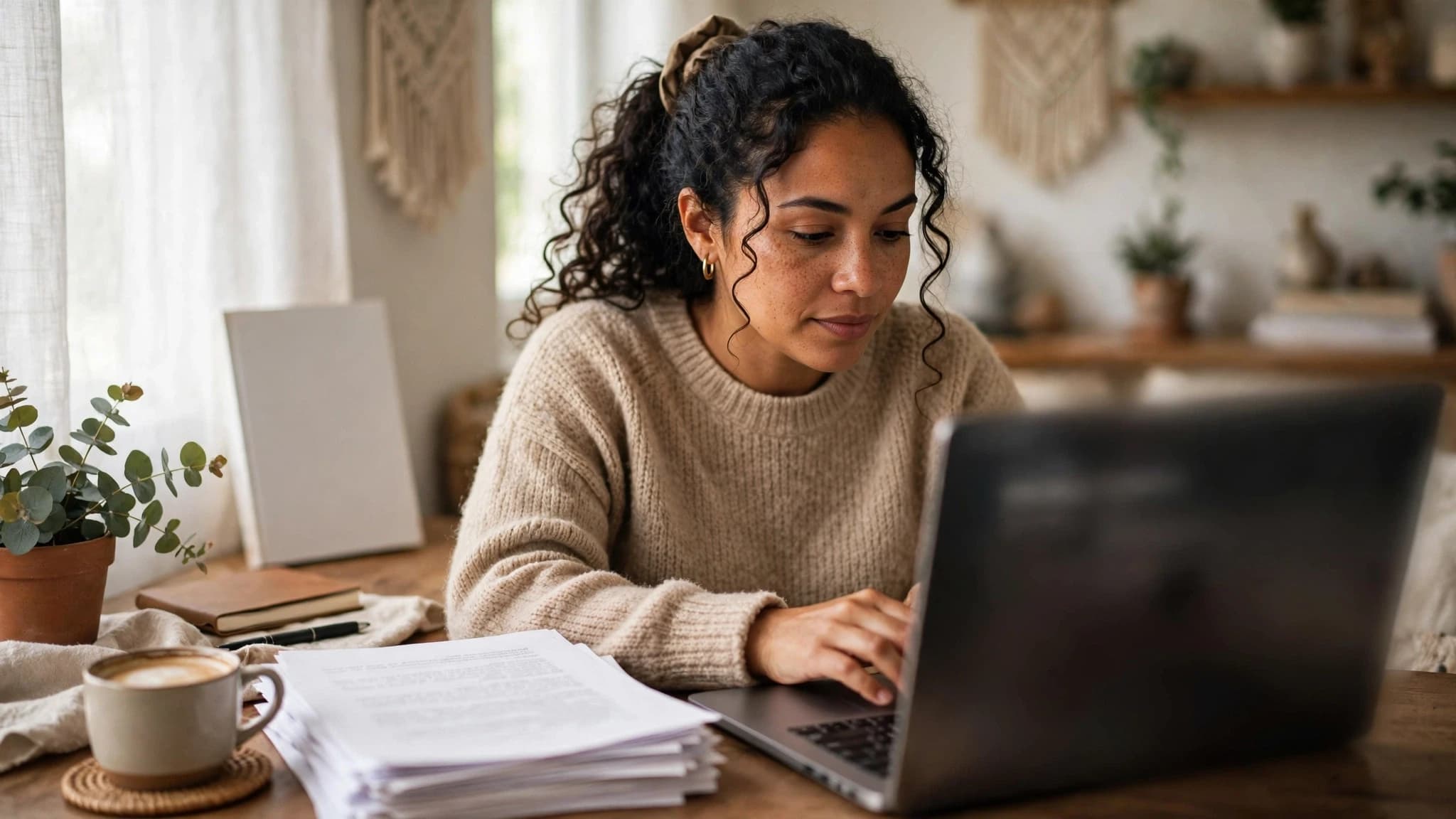 Escritora latina trabajando en su laptop junto a un manuscrito impreso y una taza de café en su escritorio en casa