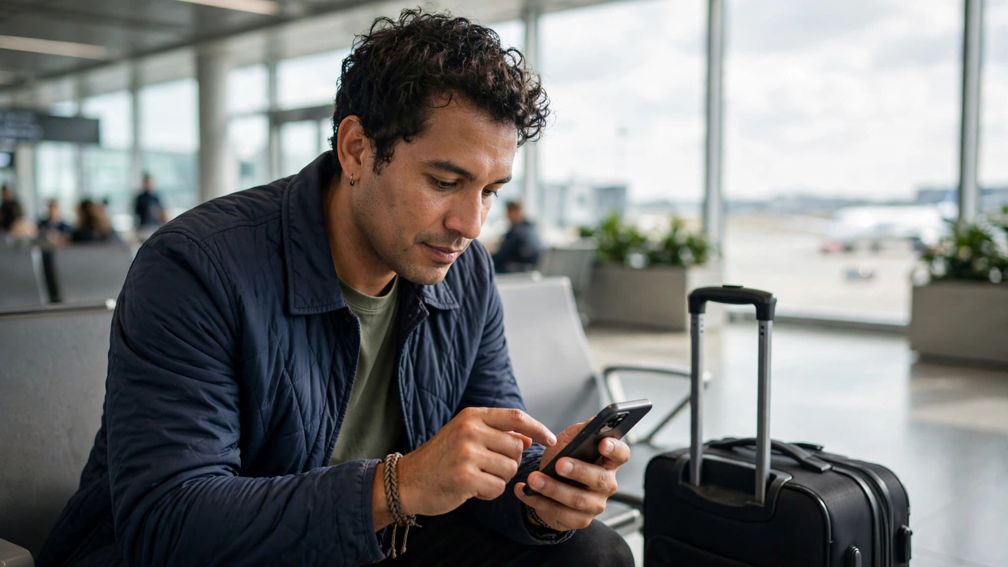 Viajero latino en un aeropuerto activando un plan de datos en su celular con maleta de mano al lado