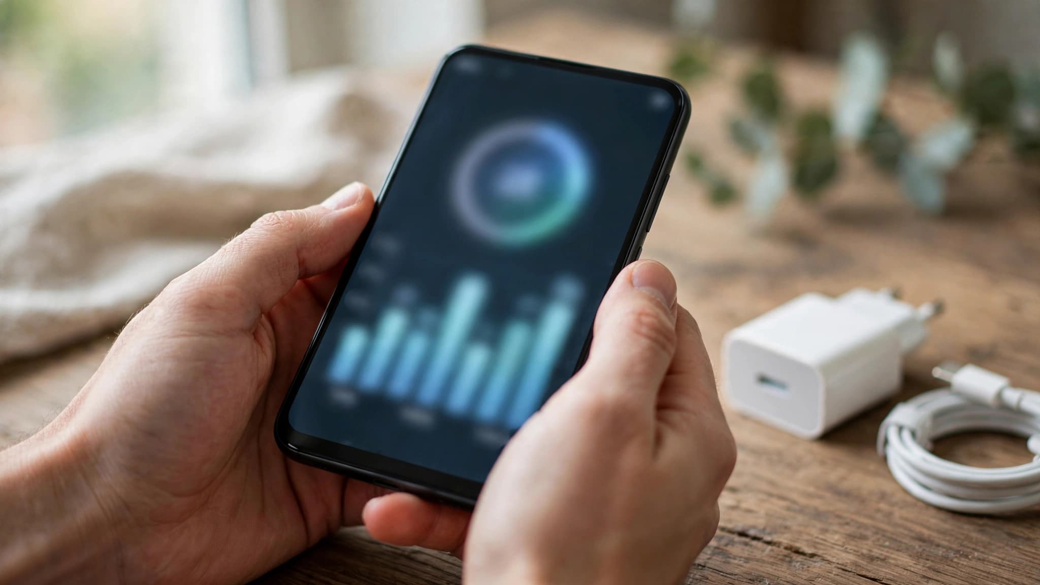 Manos sosteniendo un celular Android con gráfico de batería difuminado y un cargador sobre la mesa