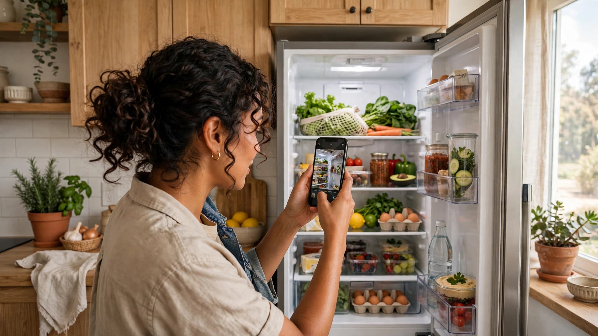 Mujer latina fotografiando el interior de su nevera abierta con el celular, en una cocina hogareña luminosa