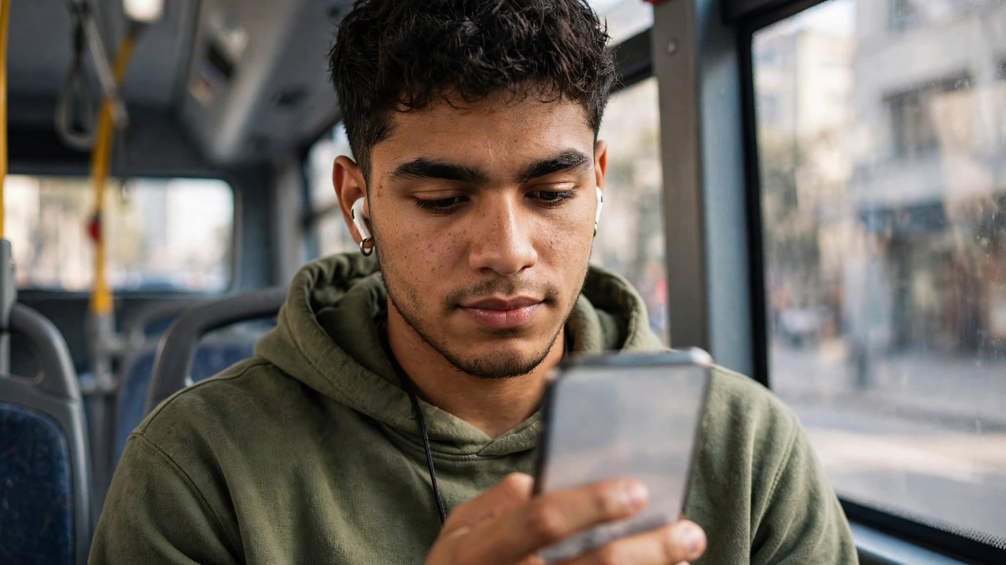 Joven latino en un autobús viendo en su celular un resumen en texto difuminado de un video largo, con los audífonos puestos