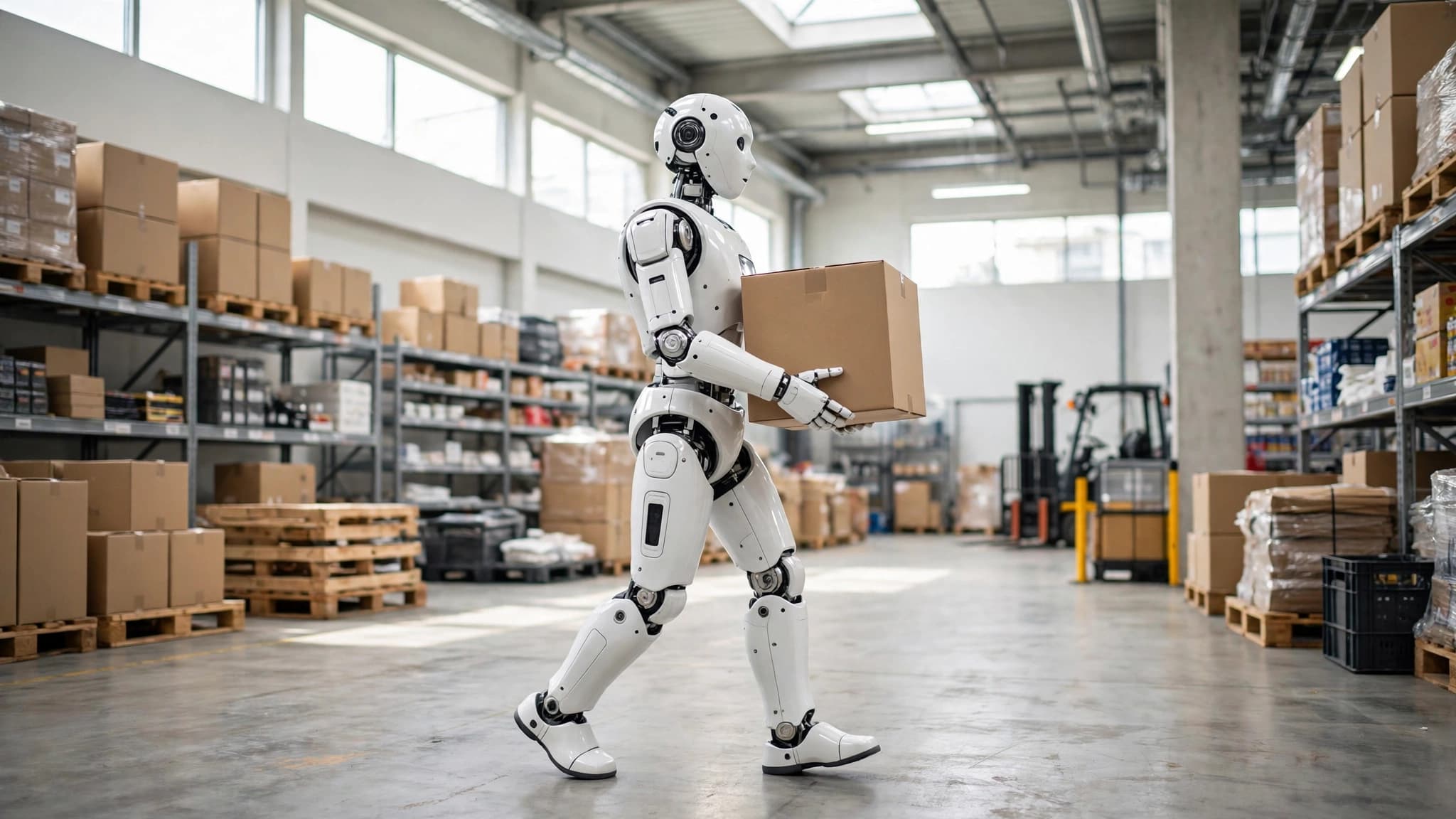Robot humanoide blanco moviendo una caja en un almacén moderno y luminoso, ambiente realista