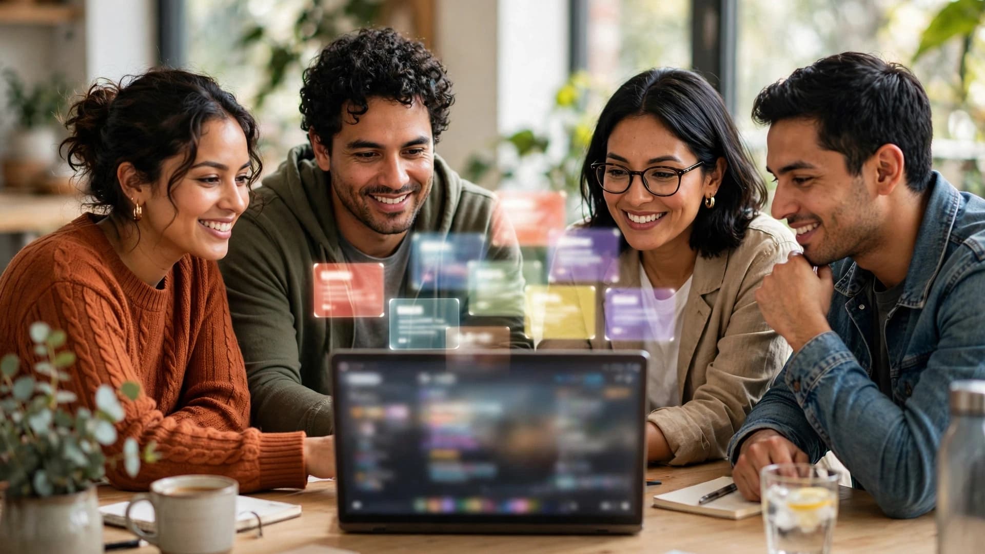 Equipo latino pequeño trabajando en una mesa luminosa con una laptop cuyo navegador muestra tarjetas difuminadas de tareas automatizadas