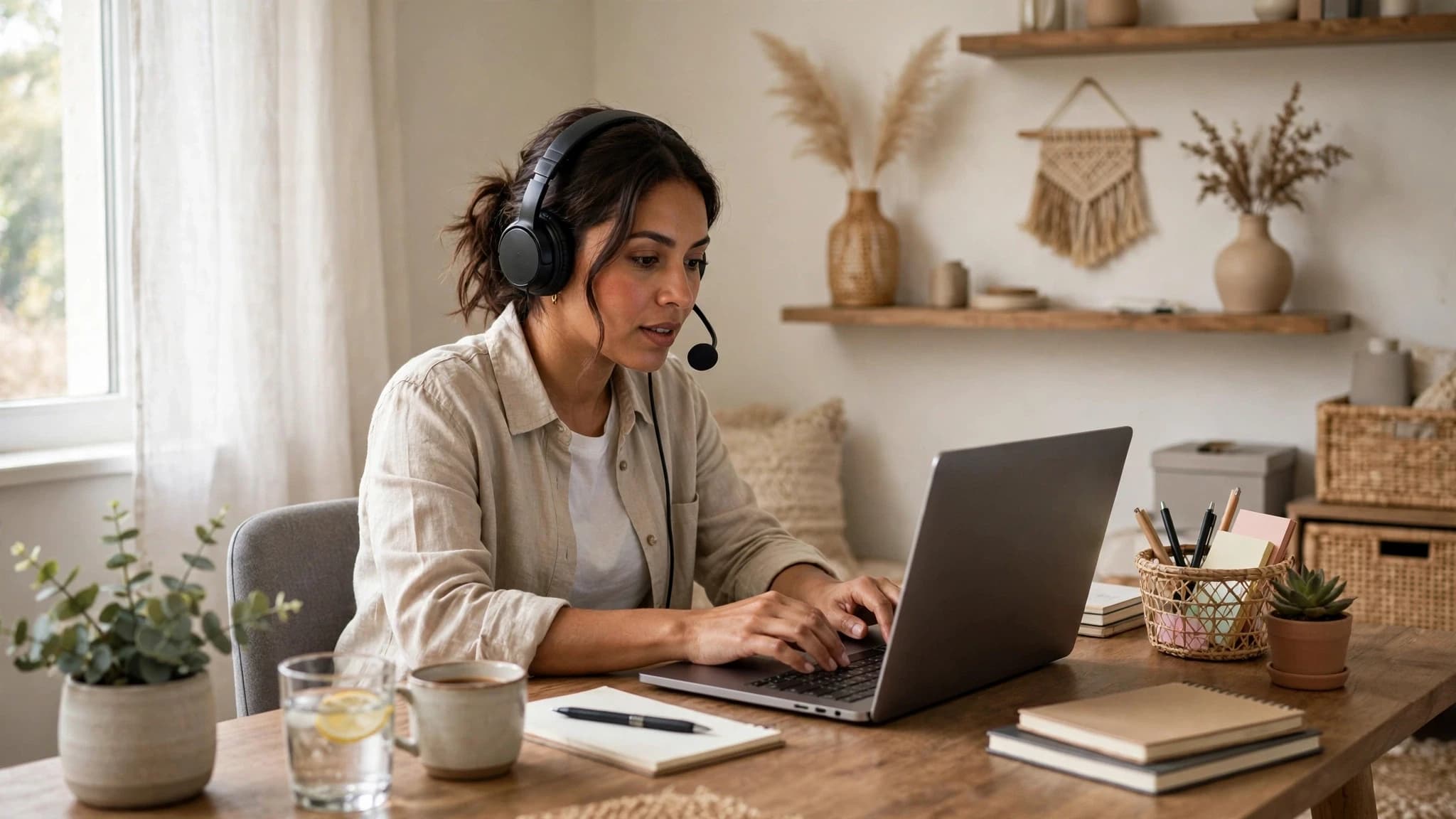 Mujer latina trabajando como asistente virtual en un rincón ordenado de su casa, con laptop y auriculares con micrófono
