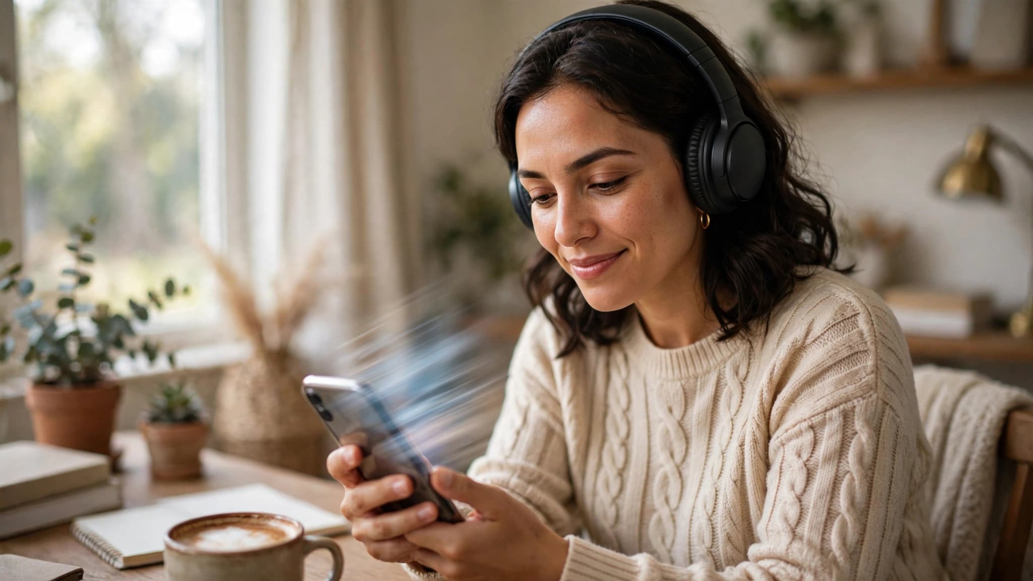 Mujer latina con audífonos transcribiendo un audio de WhatsApp a texto en su celular desde su oficina en casa