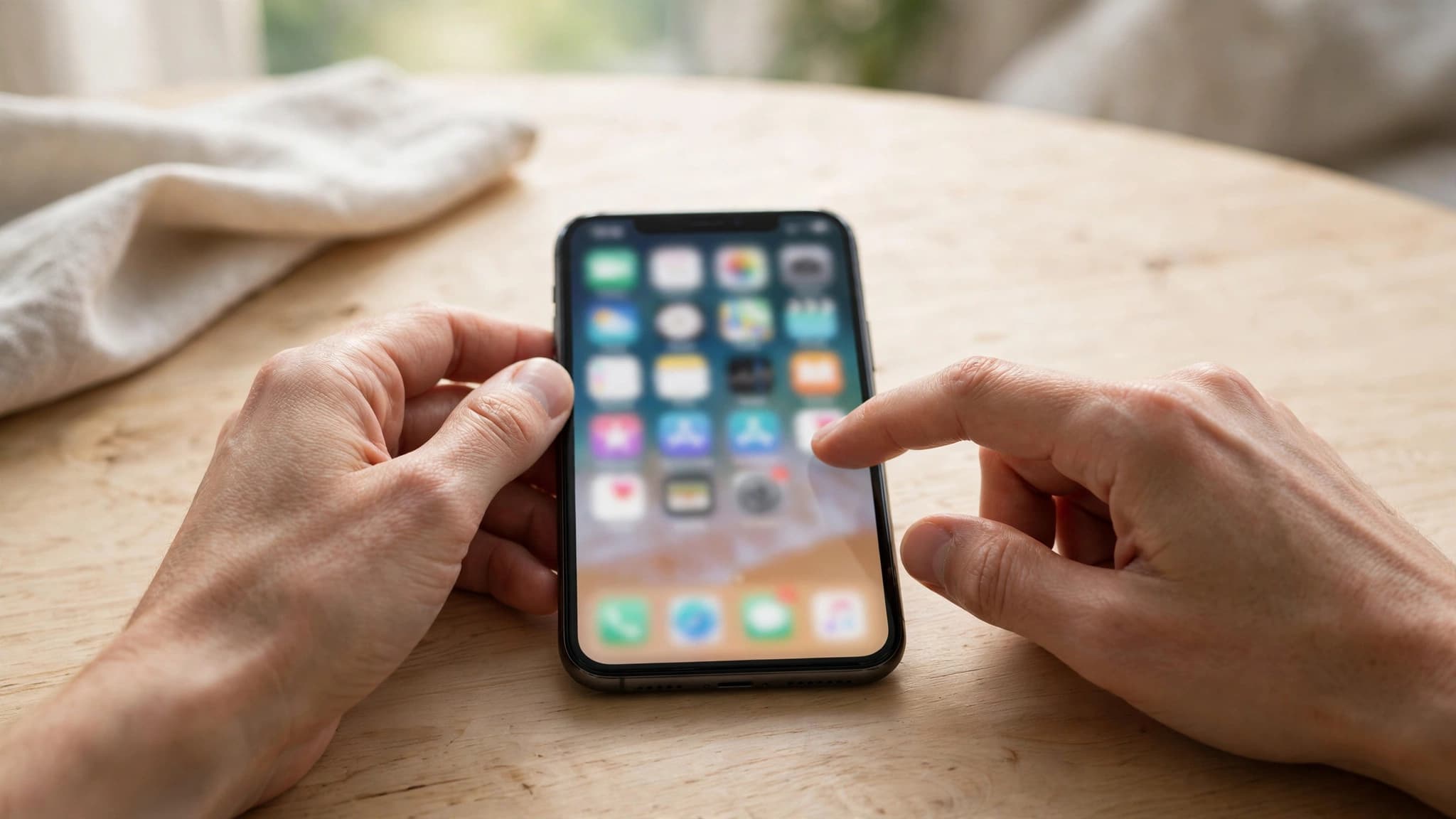Manos usando un iPhone sobre mesa de madera clara con iconos de colores difuminados en pantalla
