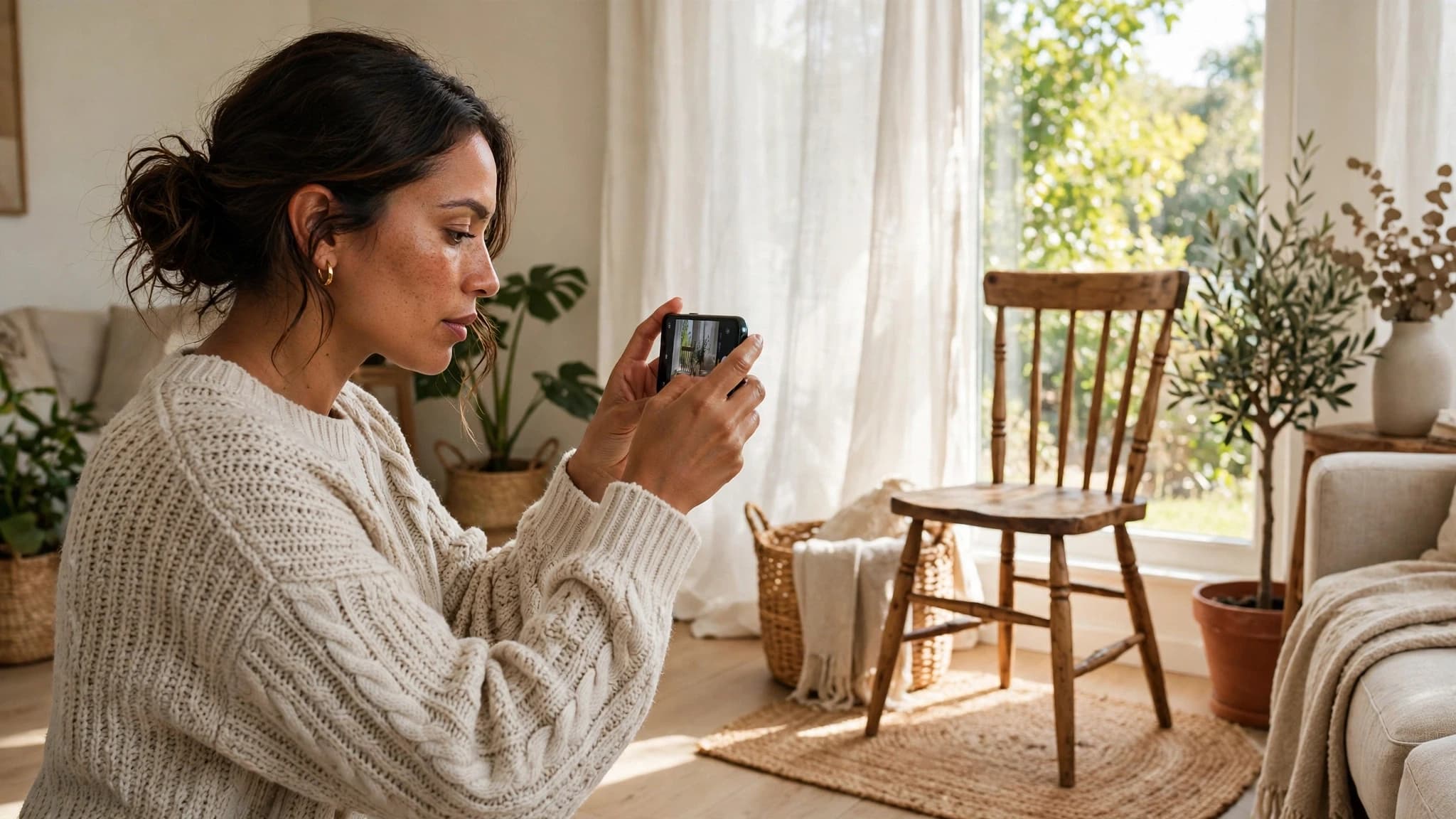 Mujer latina fotografiando una silla en venta junto a una ventana con luz natural, con el celular en la mano