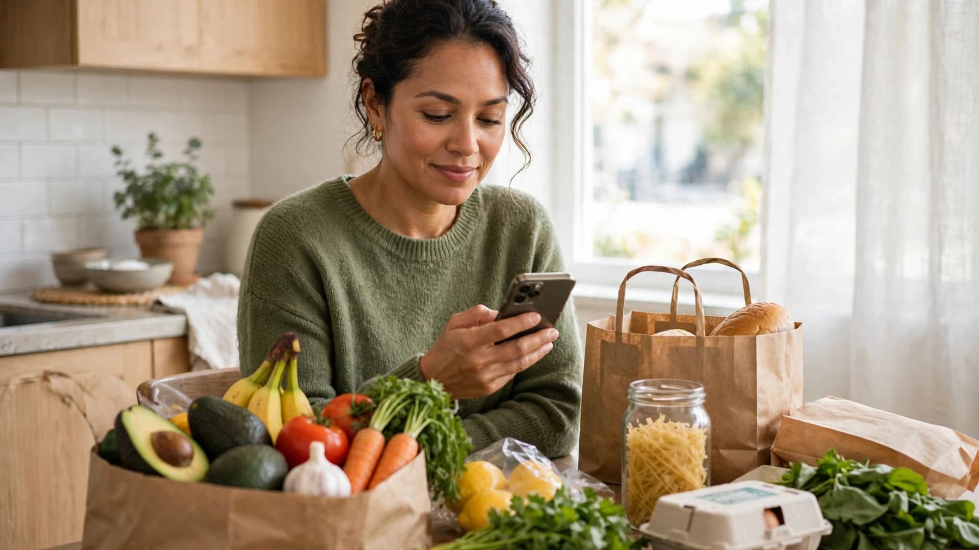 Mujer latina revisando una compra de supermercado en su celular junto a bolsas de productos genéricos sobre la mesa de su cocina