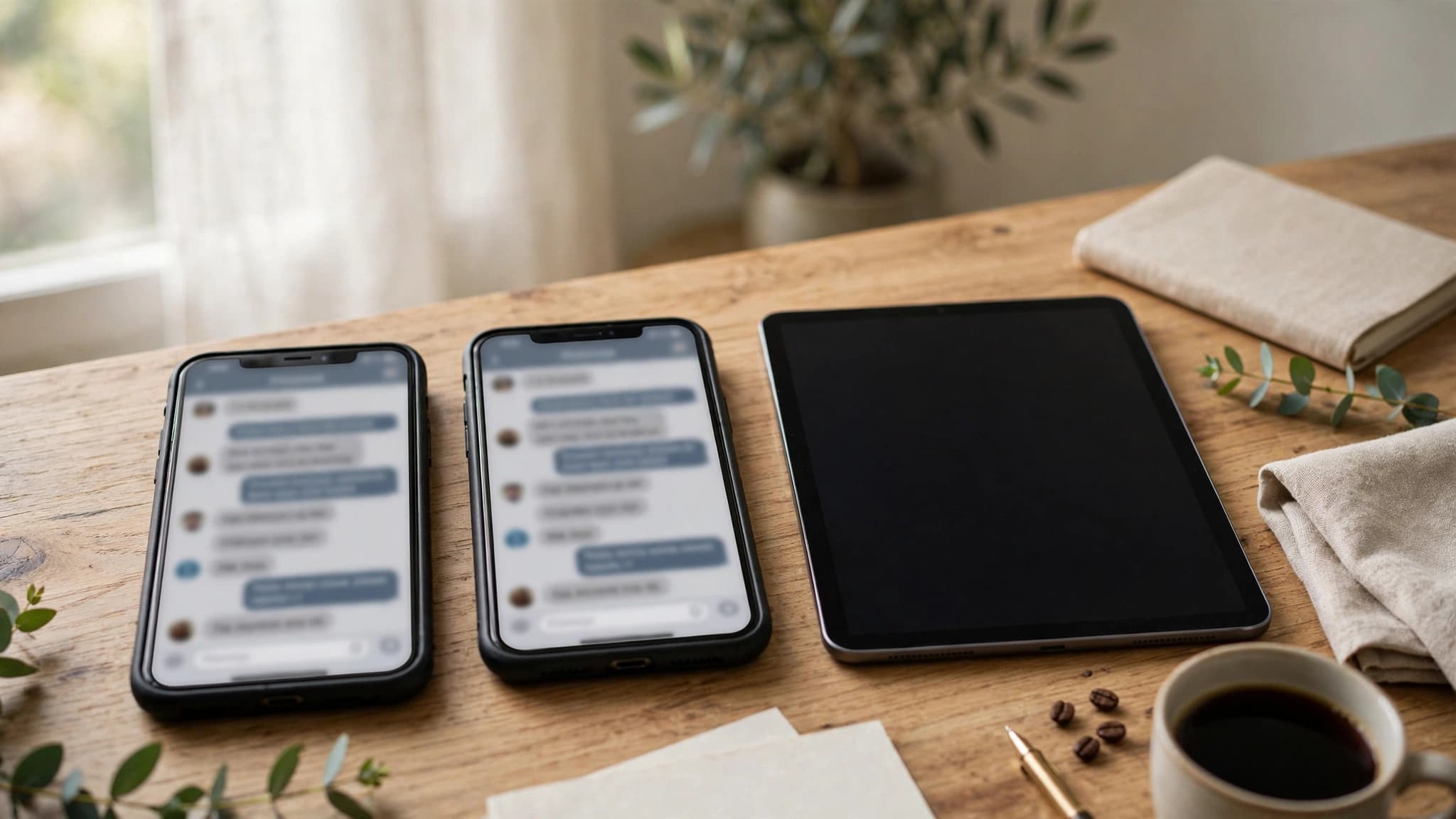 Dos celulares sobre un escritorio mostrando el mismo chat difuminado junto a una tableta, ejemplo del modo compañero de WhatsApp en varios equipos