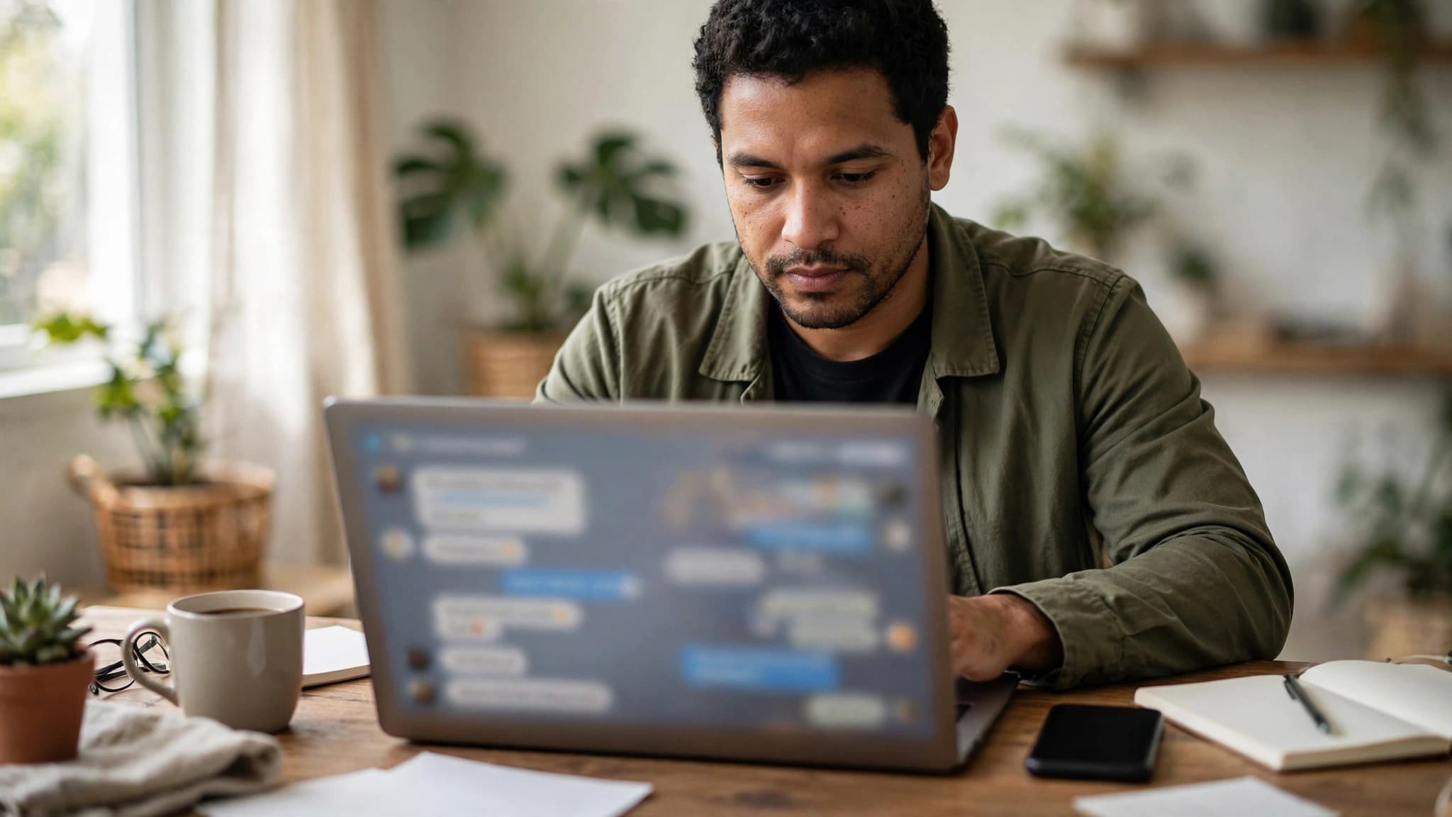 Hombre latino trabajando en su laptop con un chat de WhatsApp difuminado en pantalla y el celular apoyado al lado del teclado