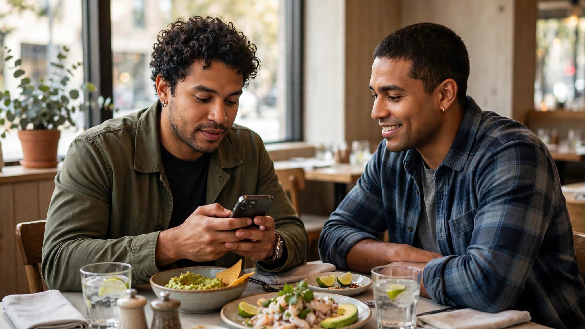Dos compañeros latinos en Estados Unidos dividiendo la cuenta en un restaurante mientras uno envía dinero desde su celular